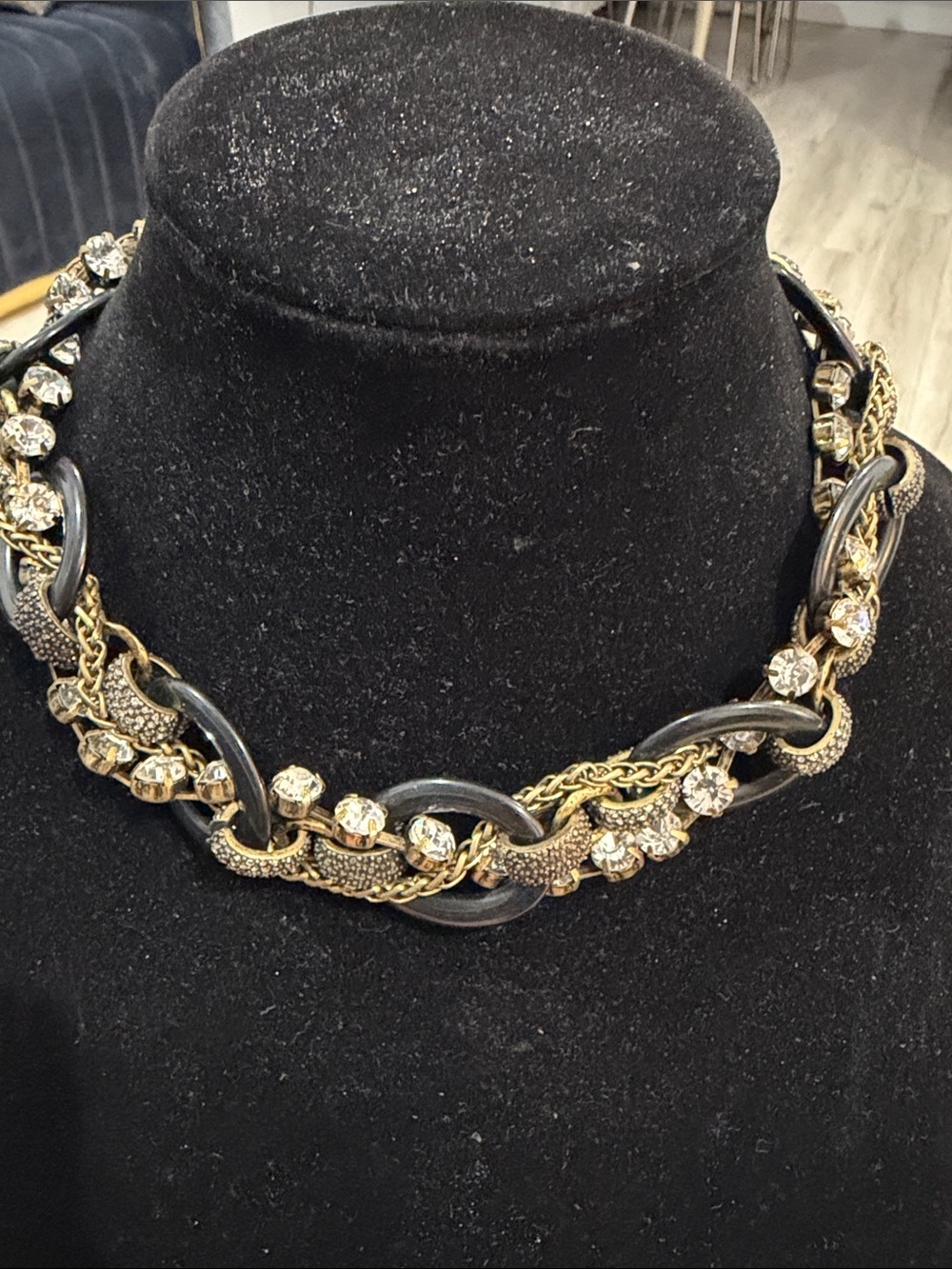 Gold and Black Crystal Chain Link Necklace by